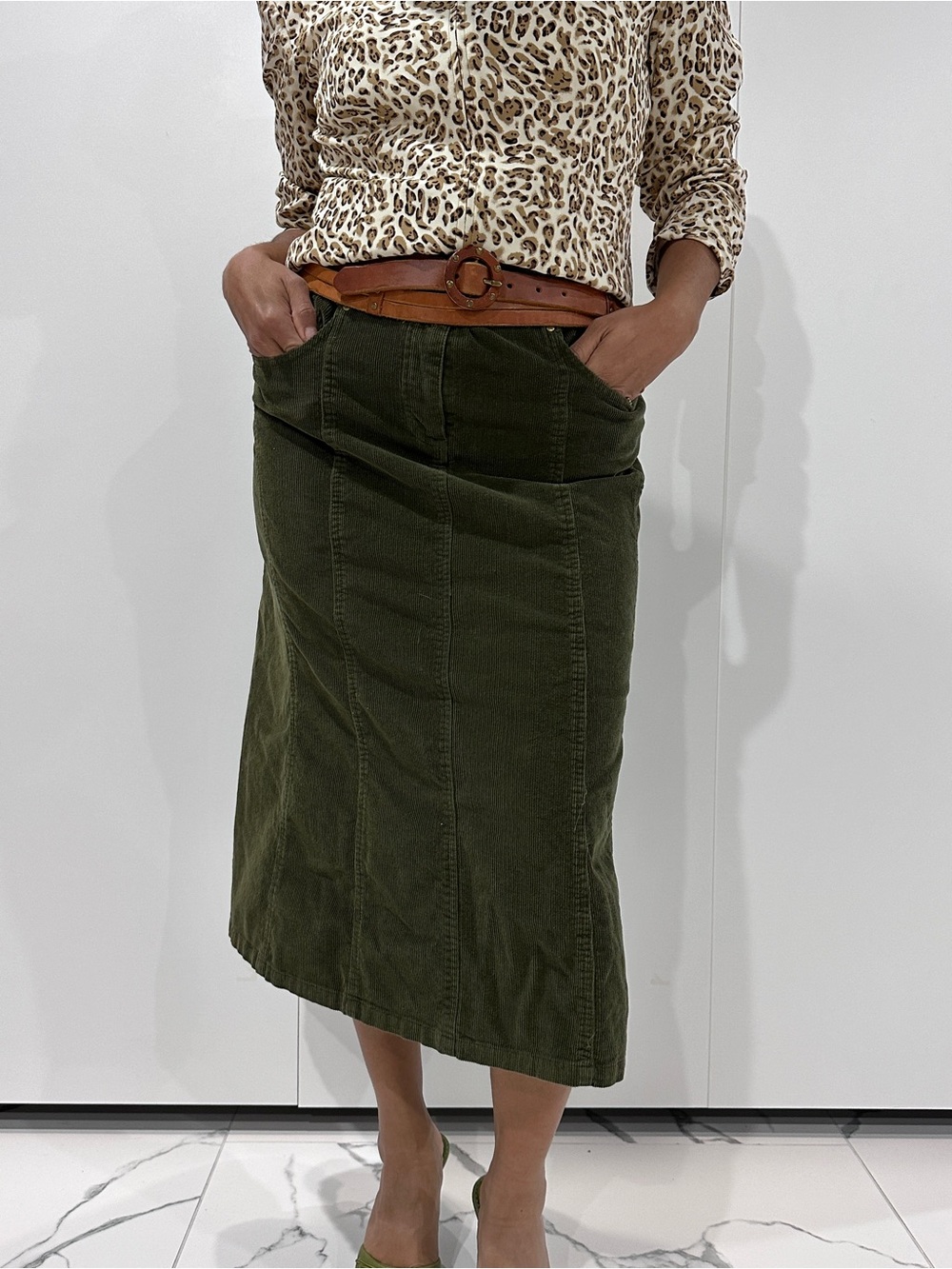 Christopher & Banks Olive Corduroy Midi Skirt